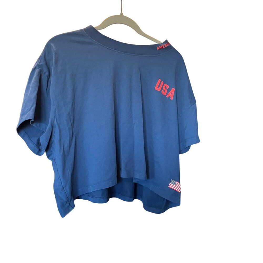 Crane USA Cropped T-Shirt Navy Blue American Flag Graphic Size XXL